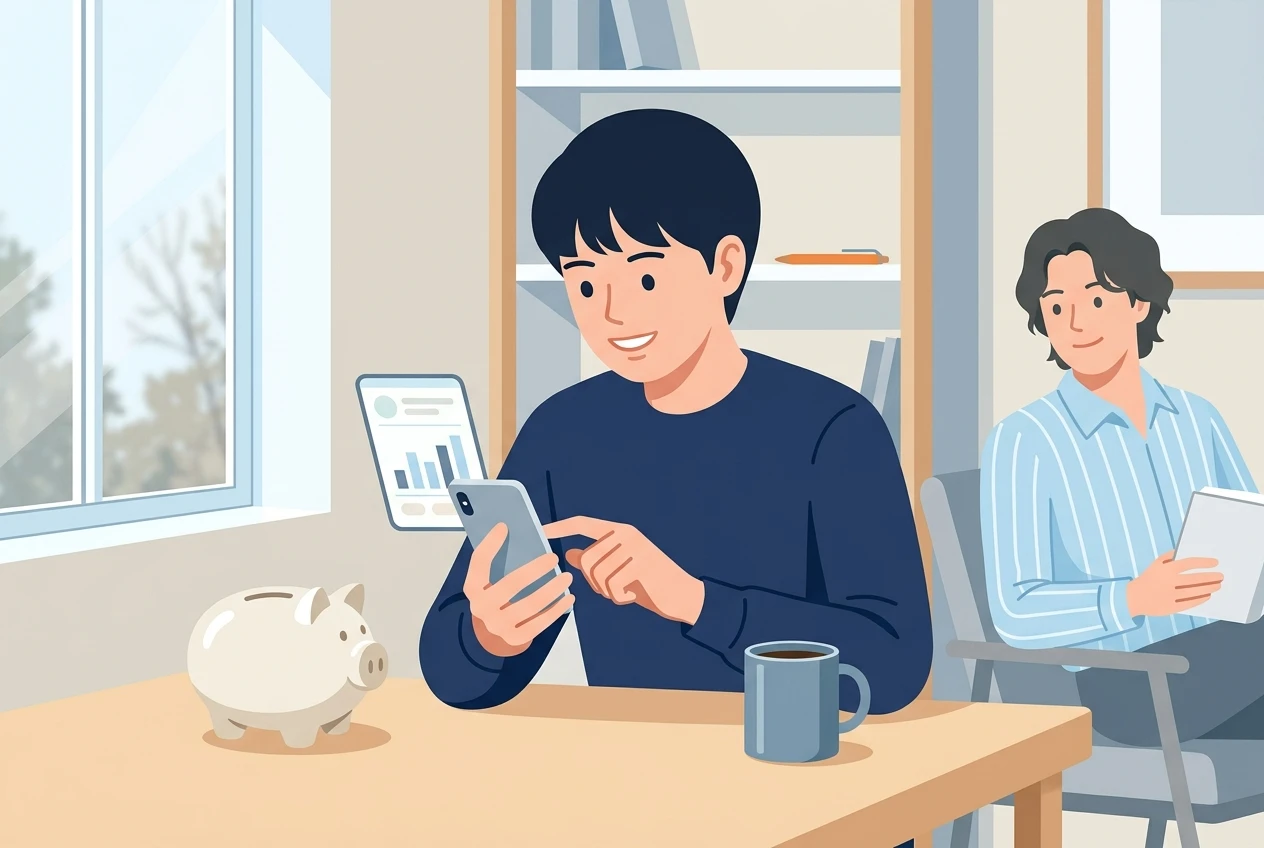 저축 통장을 확인하며 희망찬 표정을 짓는 청년