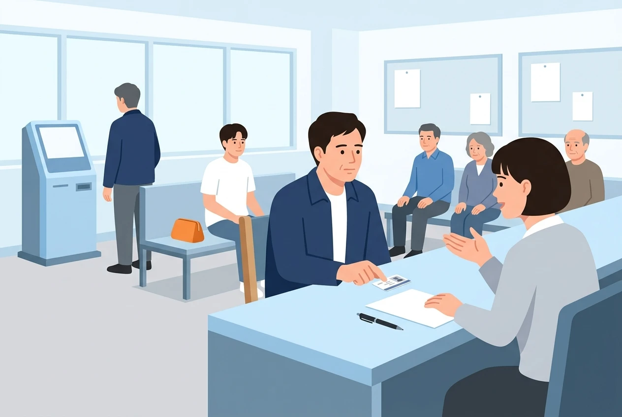 세무서 민원 창구에서 신분증을 앞에 두고 신청 내용을 묻는 사람