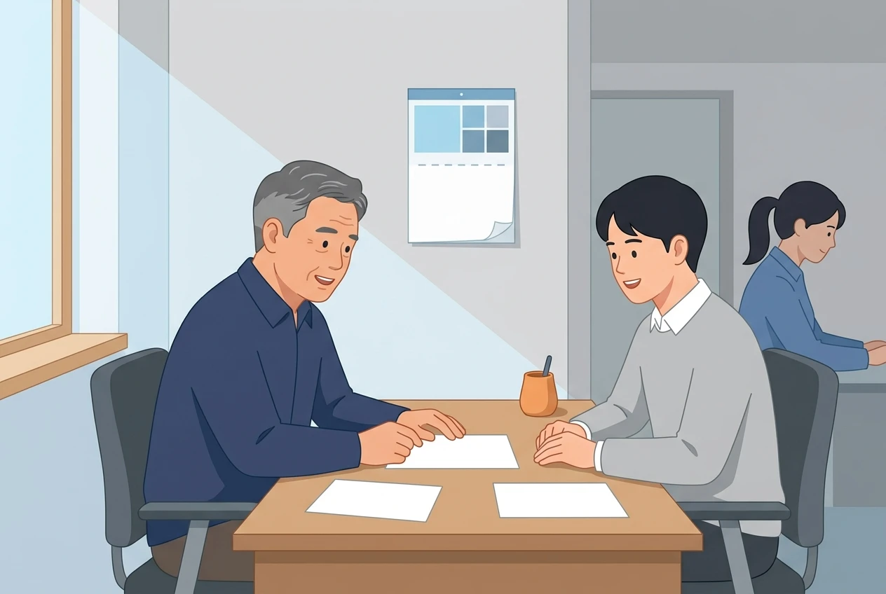 사무실에서 새 직원과 함께 채용 서류를 검토하는 사업주